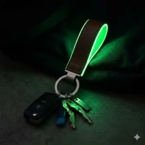 High-visibility large keychain with a neon glow effect for easy finding in dark environments.