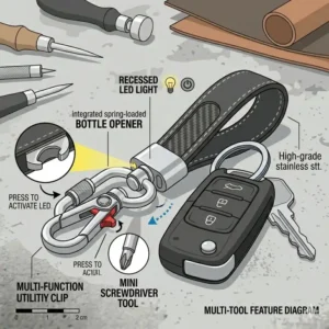 Illustration of a versatile keychain auto tool including a built-in bottle opener and LED light.