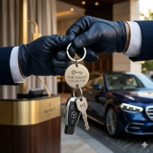 A valet attendant holding a set of keys on professional automotive key rings in front of a luxury car.