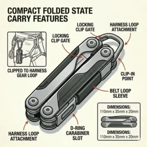 How to securely carry a compact multipurpose tool for a mountaineer on a climbing harness gear loop.