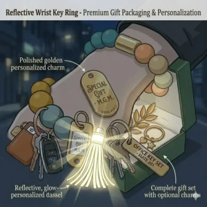A personalized monogrammed wrist key ring presented in a decorative gift box.