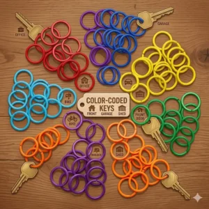Using colored key rings to easily identify and organize different house keys.