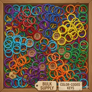 A large pile of bulk supply plastic colored key rings in multiple bright colors.