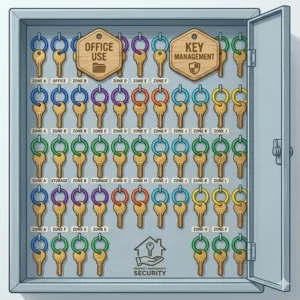 A security key cabinet using colored key rings for efficient property management.