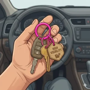 A person holding car keys attached to neon-colored key rings for high visibility.