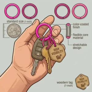 Technical diagram showing the standard dimensions of 1-inch colored key rings.