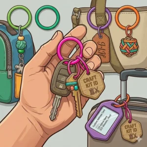 Creative DIY craft ideas using colored key rings for backpacks and luggage tags.