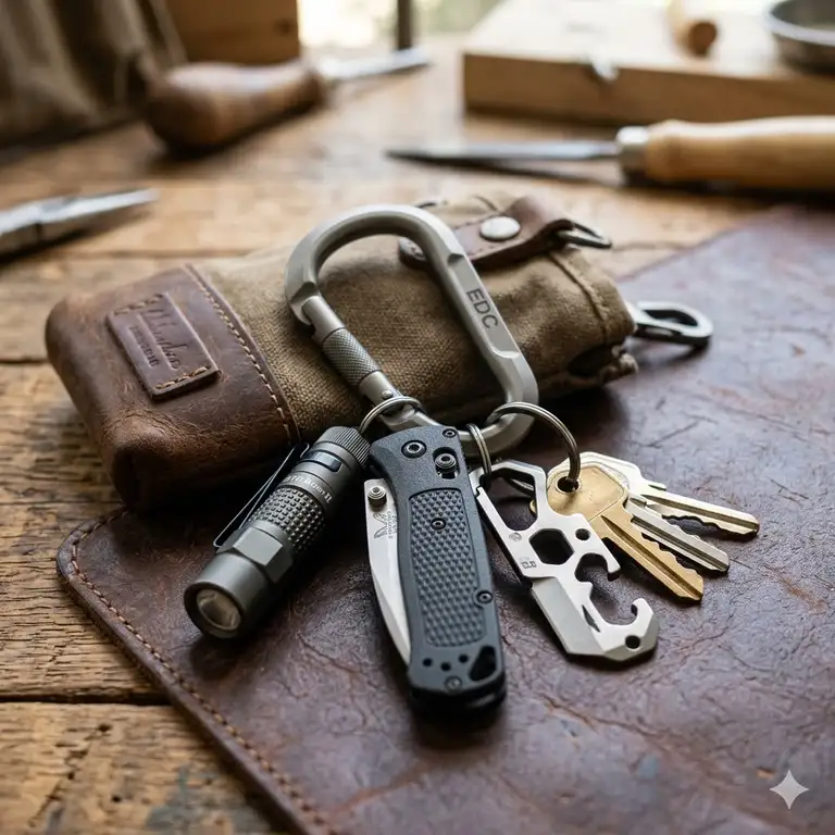 A premium titanium best edc carabiner attached to a leather keychain with a pocket knife and flashlight.