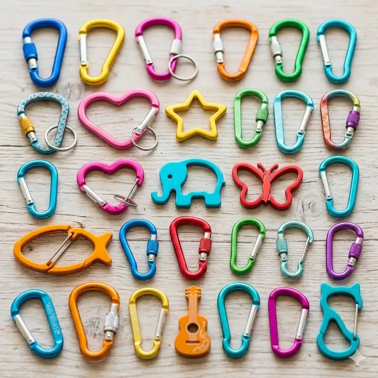 A vibrant collection of fun carabiner clips in various bright colors and unique shapes spread across a wooden surface.