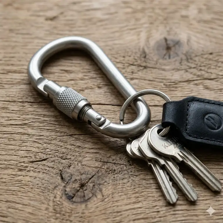 A heavy-duty stainless steel keychain carabiner locking attached to a set of car keys on a wooden surface.