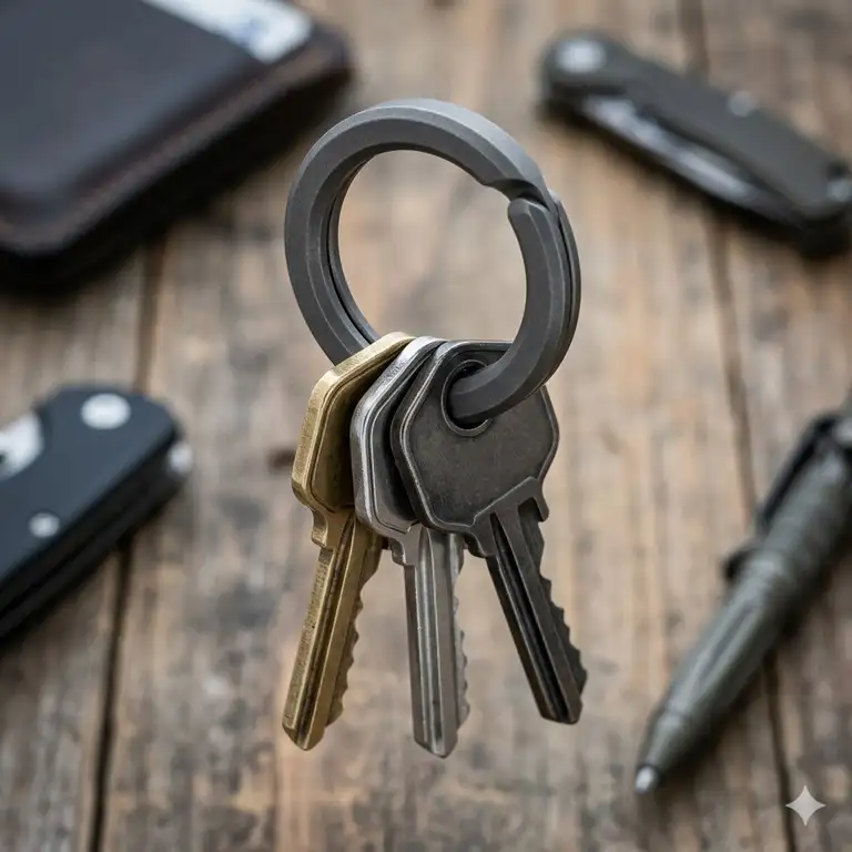 A premium titanium everyday carry setup featuring the strongest key ring holding multiple metal keys.