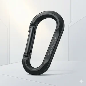 A sleek and modern stylish carabiner with smooth lines and a metallic finish.