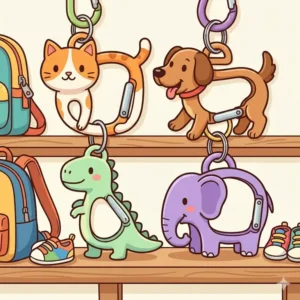 An illustration of fun carabiner clips shaped like cats, dogs, and dinosaurs for kids' backpacks.