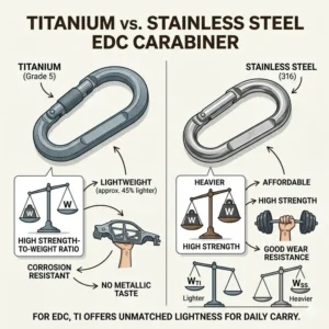 A technical illustration comparing titanium and steel to find the best edc carabiner for durability.
