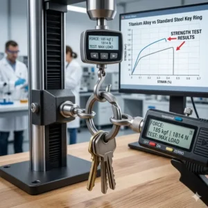 A technical laboratory stress test measuring the break strength of the strongest key ring under heavy tension.