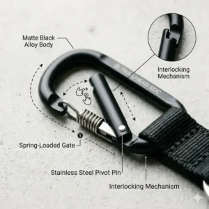 Detailed diagram of the secure locking gate on this carabiner keychain with strap