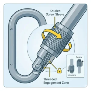 Detailed diagram showing the screw gate mechanism of a professional keychain carabiner locking device.
