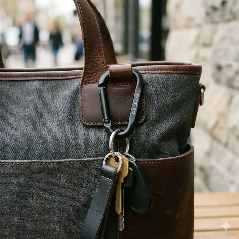 A stylish carabiner keychain attached to a premium leather bag loop.