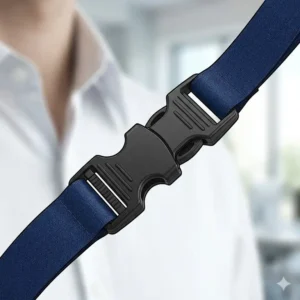 Close-up illustration of the plastic safety breakaway clasp on a break away lanyard and id holder.