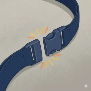 Close-up illustration showing the safety clasp mechanism of a breakaway lanyard with retractable reel.