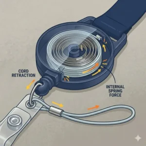 Detailed internal diagram of the spring force inside a breakaway lanyard with retractable reel.