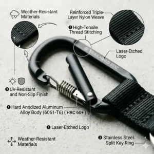 Close-up showing the durable nylon and alloy materials of the carabiner keychain with strap.