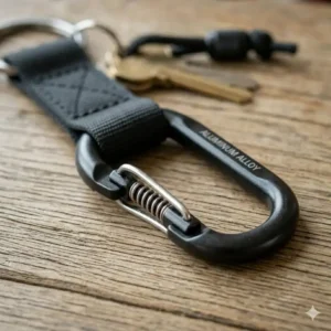 Diagram showing the secure spring-loaded gate mechanism of a carabiner keyring with strap.