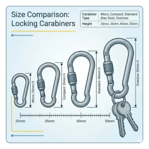 A comprehensive size comparison chart for different models of a keychain carabiner locking for everyday carry.