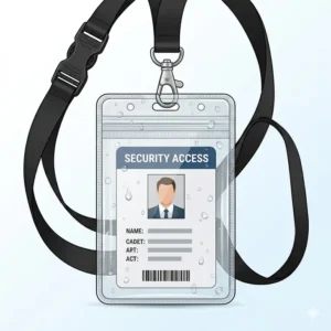 A heavy-duty waterproof vertical id card sleeve attached to a black break away lanyard and id holder.