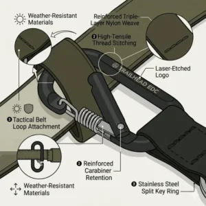 Demonstration of how to securely attach a carabiner keychain with strap to a belt loop.