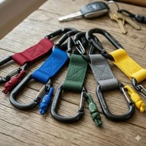 An array of colorful carabiner keyring with strap variations in blue, red, and black.