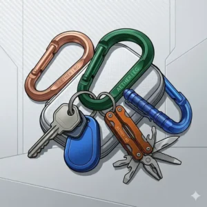 A collection of colorful stylish carabiners in rose gold, emerald green, and cobalt blue.