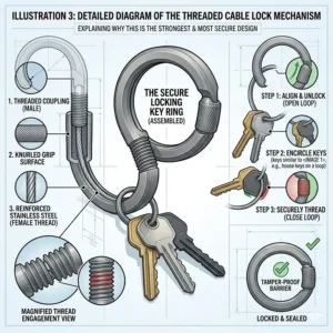A detailed diagram explaining the secure threaded locking mechanism of the strongest key ring.