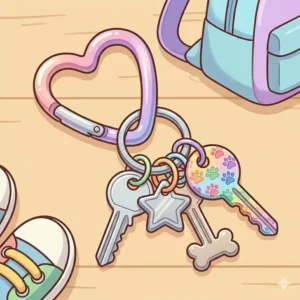 A stylish fun carabiner being used as a keychain accessory attached to a colorful set of keys.