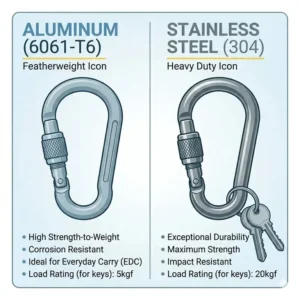 Digital illustration comparing aluminum and stainless steel versions of a keychain carabiner locking.
