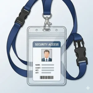 Detailed view of a swivel metal lobster claw hook on a premium break away lanyard and id holder.