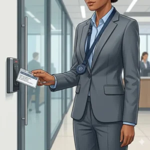 Corporate employee using a breakaway lanyard with retractable reel to access a secure office door.