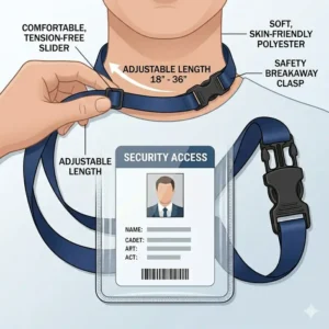 Diagram showing the adjustable length and soft polyester material of a break away lanyard and id holder.