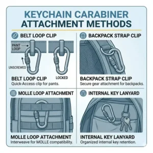 Infographic demonstrating various backpack and belt attachment methods for a keychain carabiner locking.