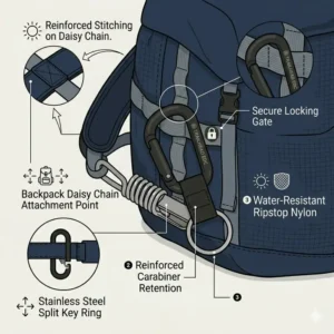 Using a heavy-duty carabiner keychain with strap to secure keys to a backpack.