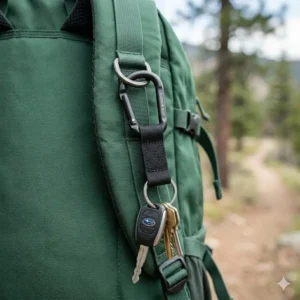 A black carabiner keyring with strap clipped to the D-ring of a hiking backpack.
