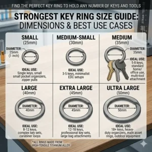 A comprehensive size guide showing different diameters available for the strongest key ring collection.