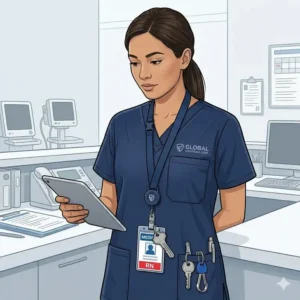 Healthcare professional wearing a durable breakaway lanyard with retractable reel holding keys and ID.