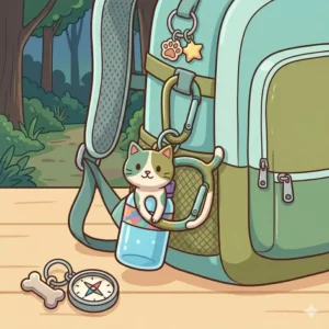 A stylized illustration showing a fun carabiner clipping a water bottle to a hiking backpack.