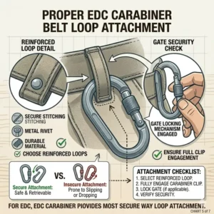Illustration showing the proper way to secure the best edc carabiner to a reinforced belt loop.