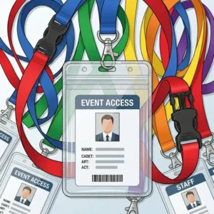 A variety of colorful options for a corporate event break away lanyard and id holder set.