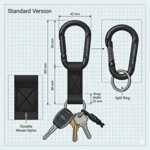 An illustration showing the length and width measurements of a standard carabiner keyring with strap.