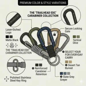 A variety of available colors for the tactical carabiner keychain with strap collection.