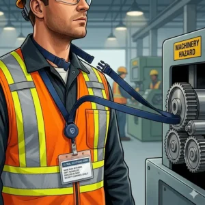 Industrial worker demonstrating the safety release feature of a breakaway lanyard with retractable reel near machinery.