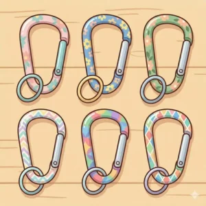 A close-up illustration of fun carabiner clips featuring floral and geometric patterns for personalized gear.